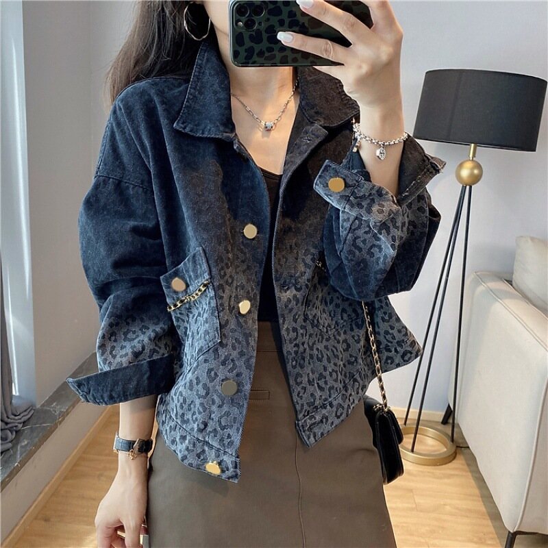 Áo Khoác Denim Da Báo Retro Màu Đen Mùa Xuân Áo Khoác Ngắn Thời Trang Nữ