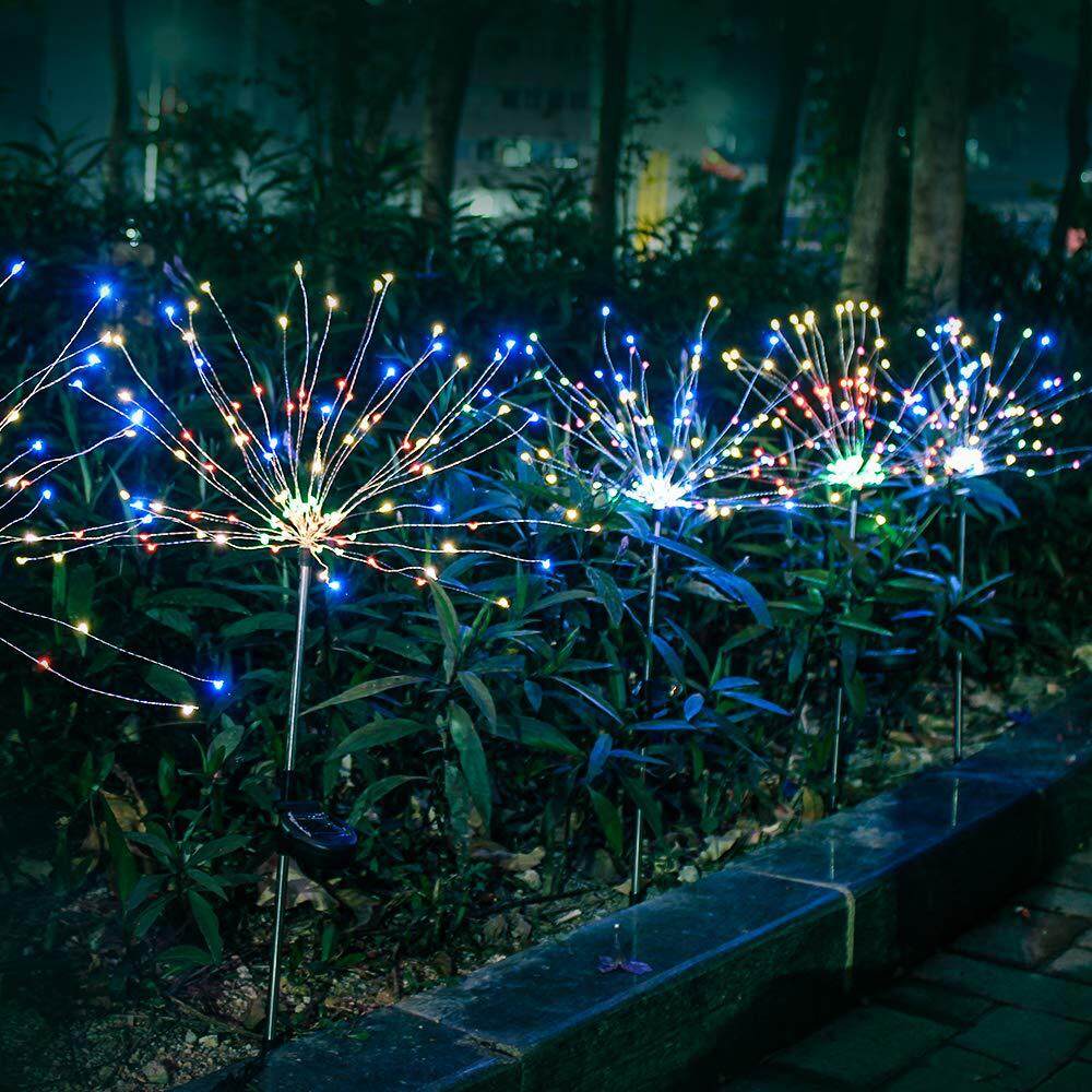 【lightingeverthing】Solar Powered Outdoor Grass Globe Dandelion Fireworks Lamp Flash String 90 /120/150 LED For Garden Lawn Landscape Holiday Light