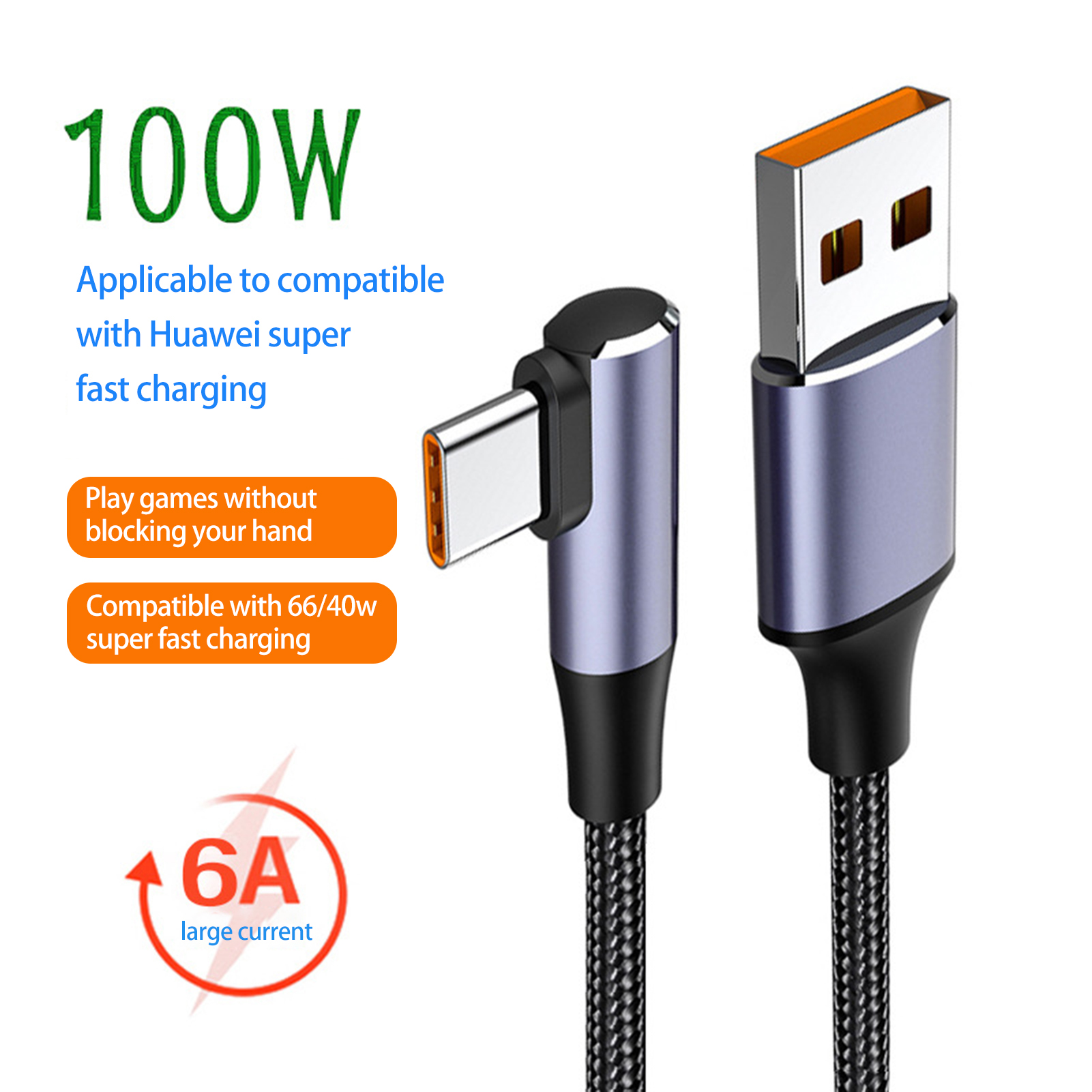 6A 100W Data Cable Universal High Current Braided Wire Tangle-free Fast Charging Elbow Design USB Type-C Mobile Phone USB-C Charger Cable for Office Practical Charging Cord