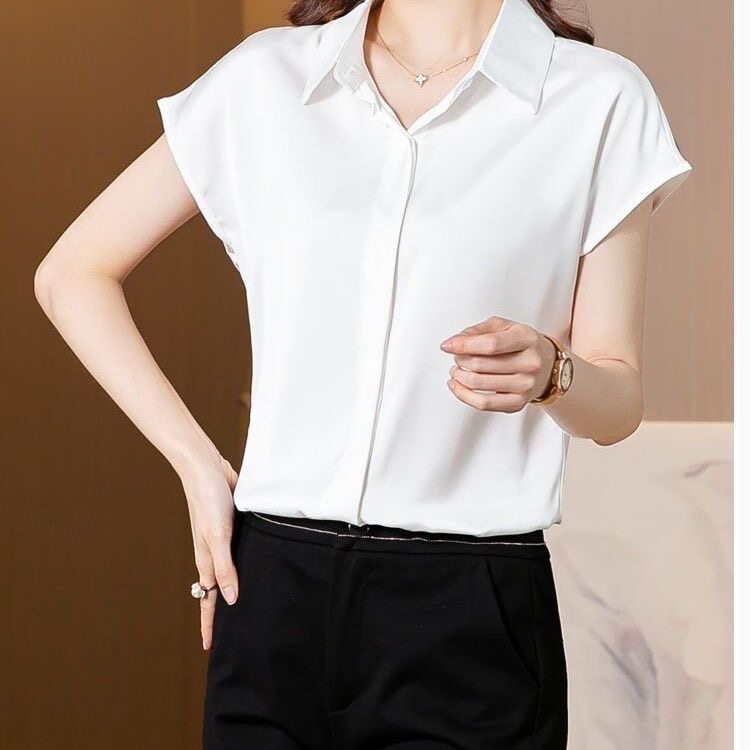 Lareine 2024 Phụ Nữ Của Áo Sơ Mi Ngắn Tay Cho Mùa Hè Phong Cách sang trọng Hàn Quốc Màu Trơn Áo công sở Cho Phụ Nữ