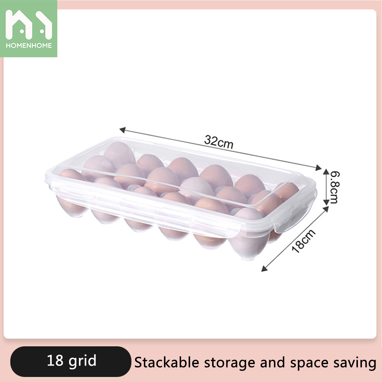 Homenhome Egg Storage Box Transparent Plastic Refrigerator Fresh-Keeping Rectangular with Lid