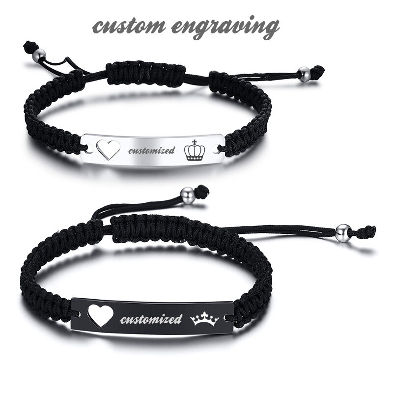 Vnox Customized Personalized Engrave ID Name Date Women Men Braided Rope String Bracelet Charm Hollow Heart Mother Girlfriend Gift