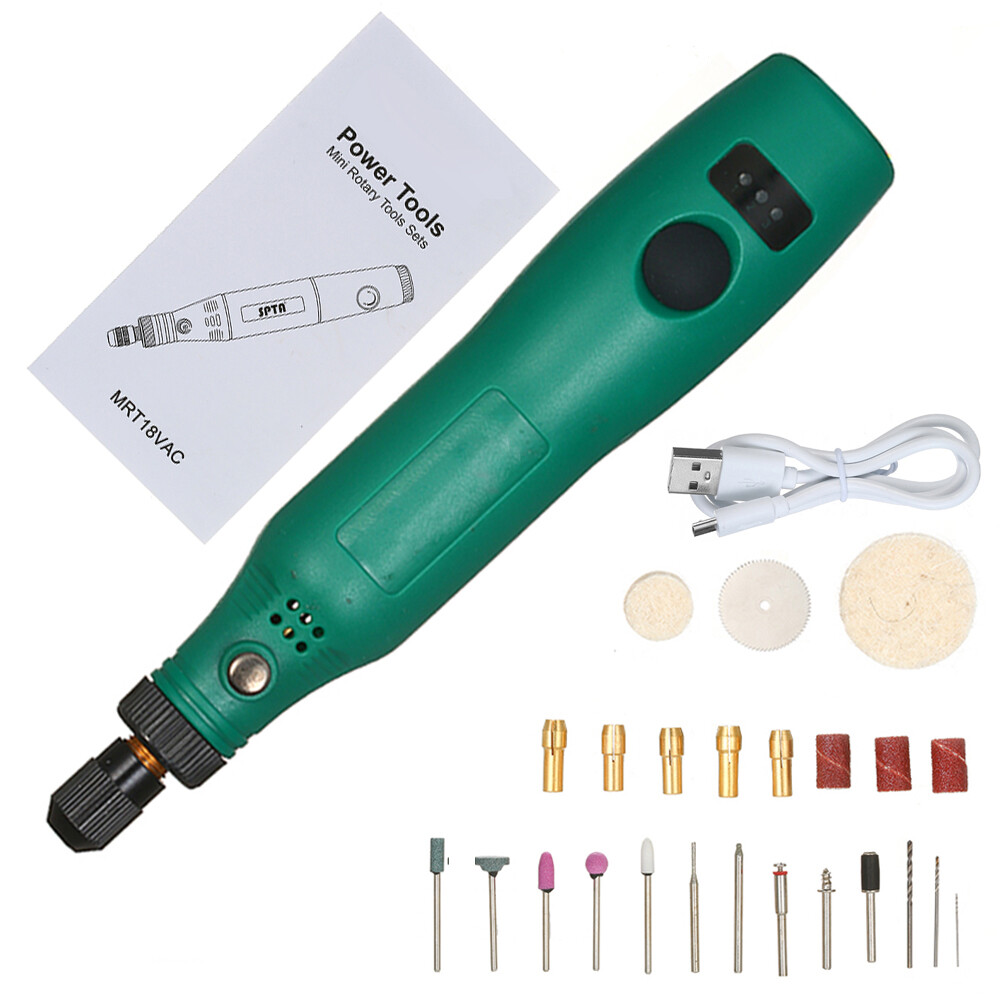 [Original] KKmoon 3.7V 1.2W Mini Electric Grinder Set Cordless Mini Handle Small Size Grinding Machine Carving Engraving Pen Trimming Milling Polishing Micro Household Grinder Drilling Cutting Engraving Tool Kit / Green