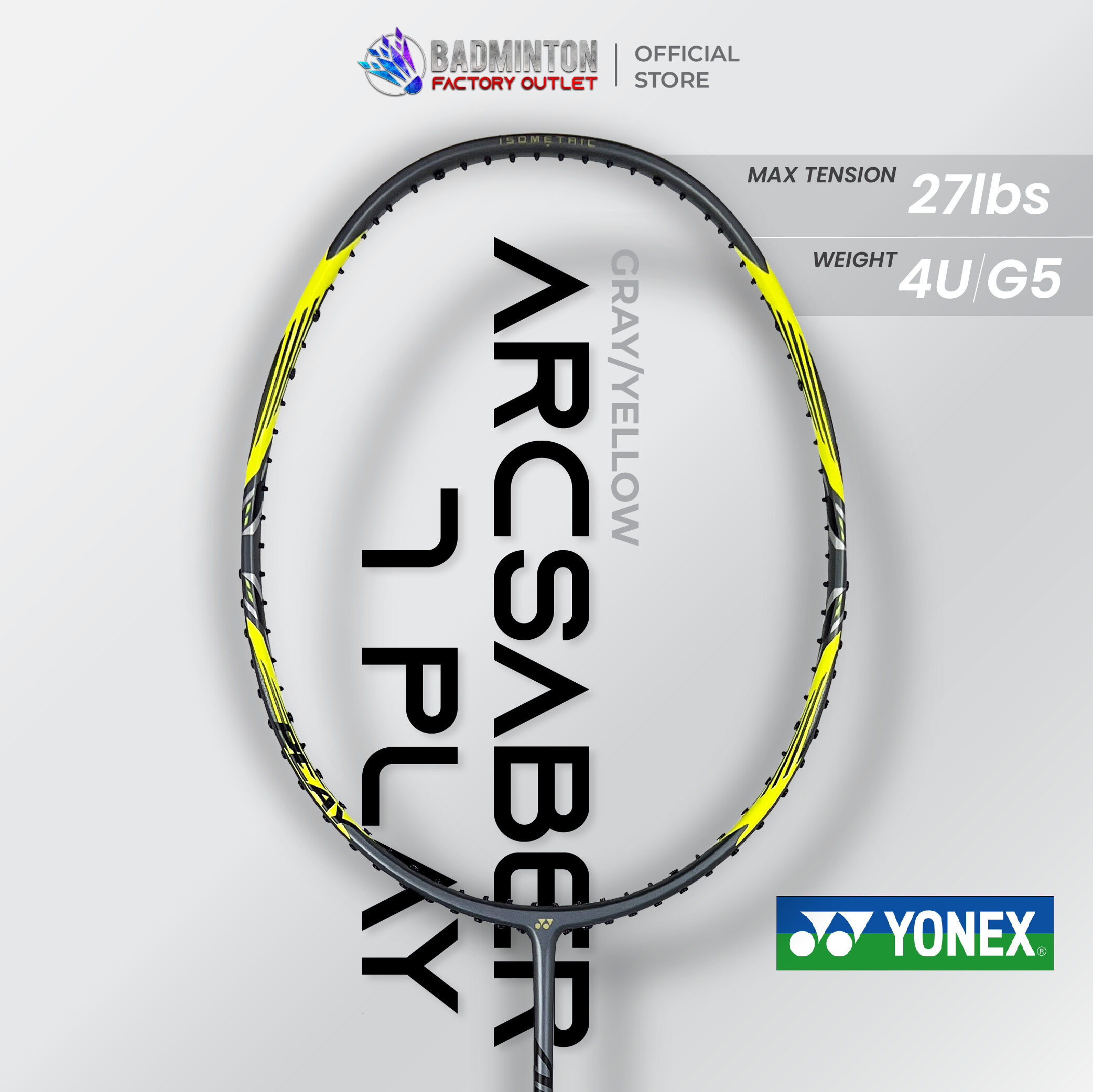 YONEX Arcsaber 7 Play (Gray Yellow) Badminton Racket 4UG5 Max Tension 27LBS (Unstrung) 100