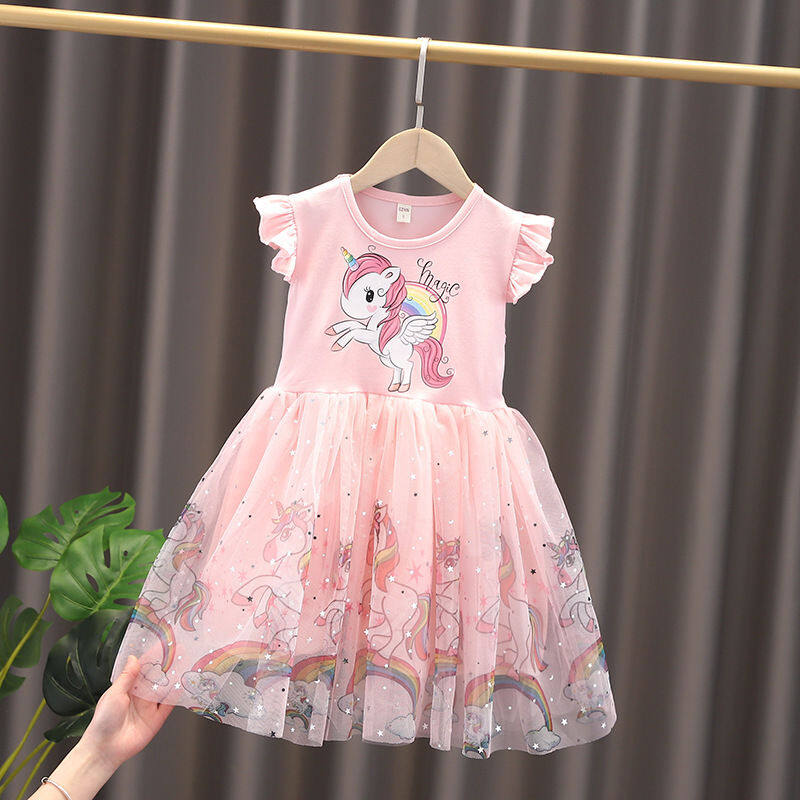 Kids Unicorns Printed Dresses for Girls Cartoon Sleeveless Princess Dress