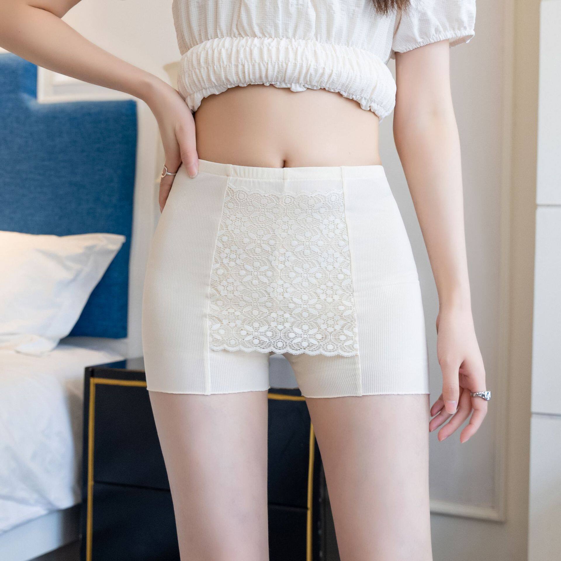 Women's Lace Blocking Anti Embarrassment Double Layer Safety Pants Ice Silk Large Size Shorts_voghion.com