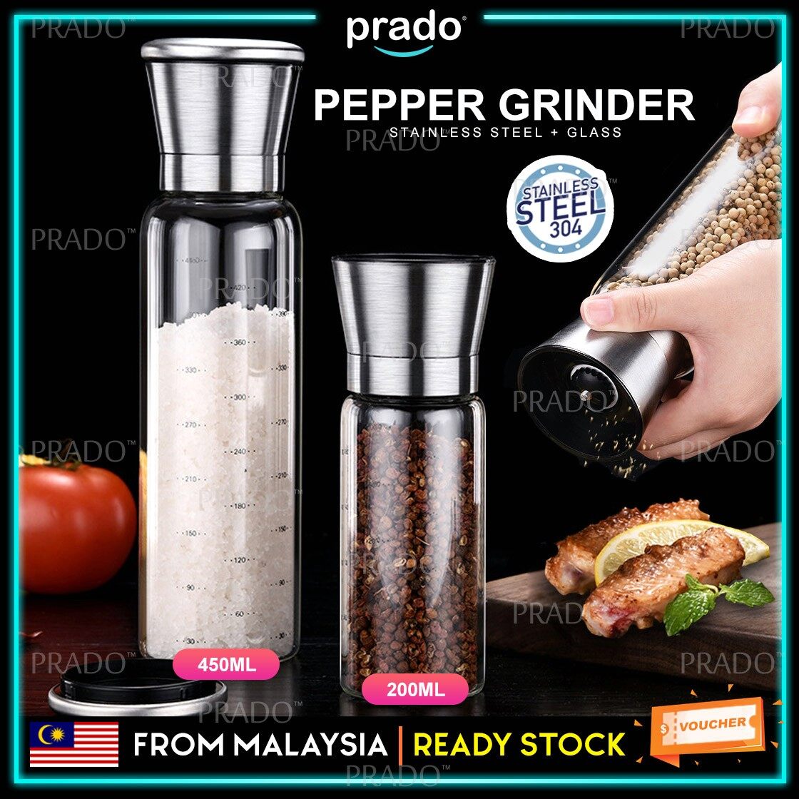 PRADO Malaysia [200ML/450ml] Pepper Grinder Glass 304 Stainless Steel