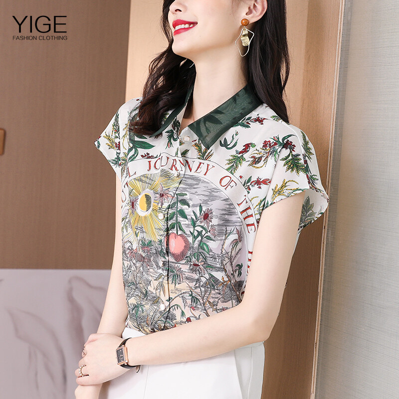 YIGE Printed blouse 2023 summer new style retro short-sleeved lapel shirt casual large size blouse