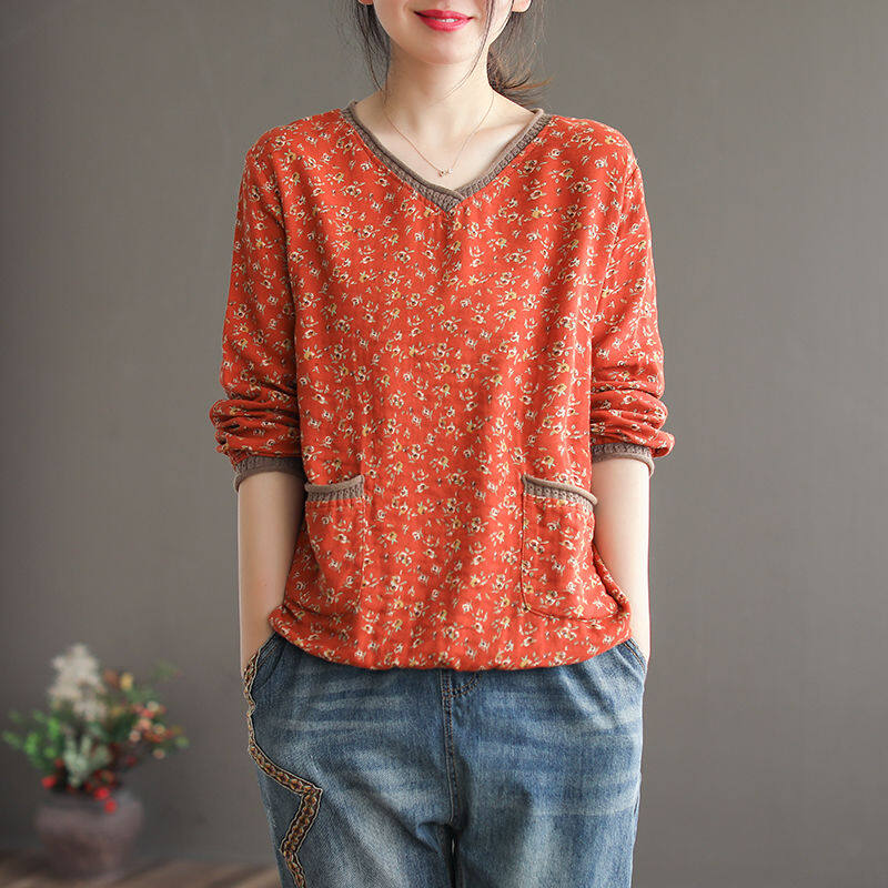New Artistic Floral Cotton and Linen T-shirt Long-Sleeved Bottoming Shirt Loose All-match V-neck Women's Shirt