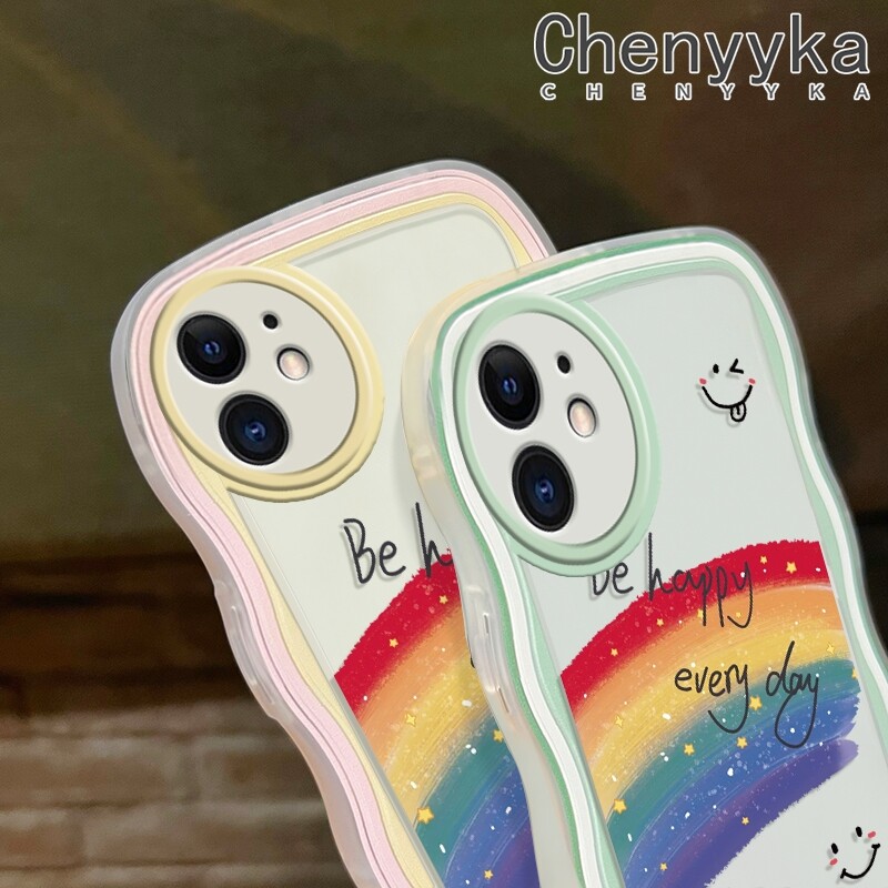 chenyyka Casing For iPhone 14 Pro Max 14 PLUS 13 Pro Max 13 Mini Case Cartoon Rainbow Smile Pattern Wave Border Soft Clear Shockproof Phone Cases Creative Camera Transparent Casing Silica Gel Protective Cover