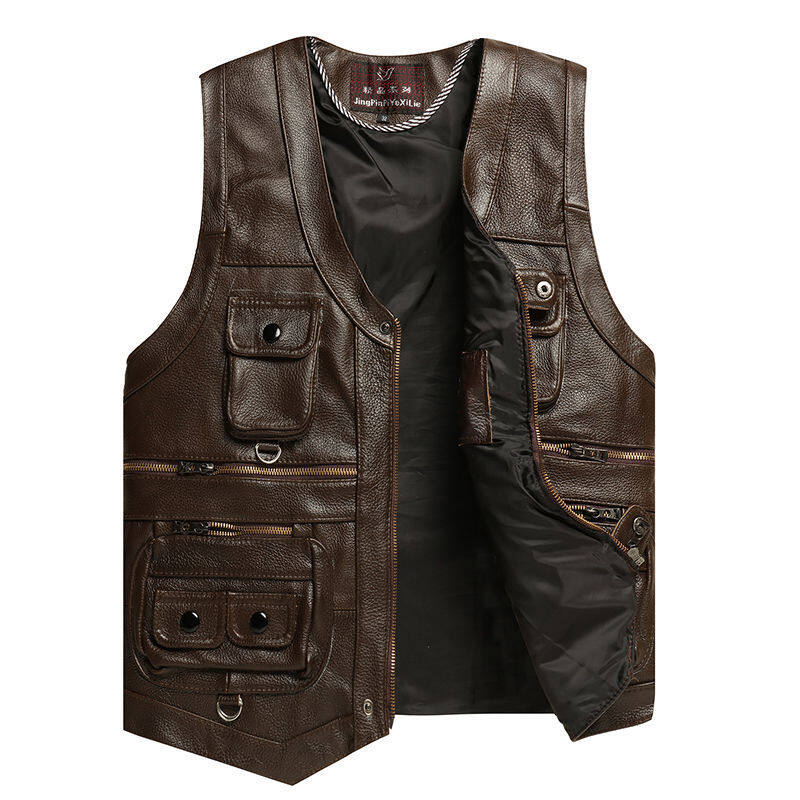 2021 Leather Men's Cowhide vest multi pocket spring and autumn men's Vest leisure Motorcycle Jacket