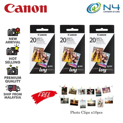 Canon Zink Photo Paper Pack (60 Sheets) for Mini Photo Printer PV-123 + Photo Clips (10pcs)