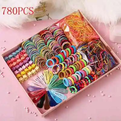 780Pcs Colorful Nylon Elastic Hair Bands Girls Rubber Band Hair Clips Claw Clamp Girls Ponytail Holder Kids Hair Accessories