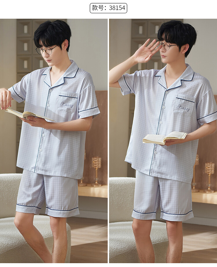 Summer new couple pajamas simulation silk lapel short -sleeved shorts set sweet can wear home clothes