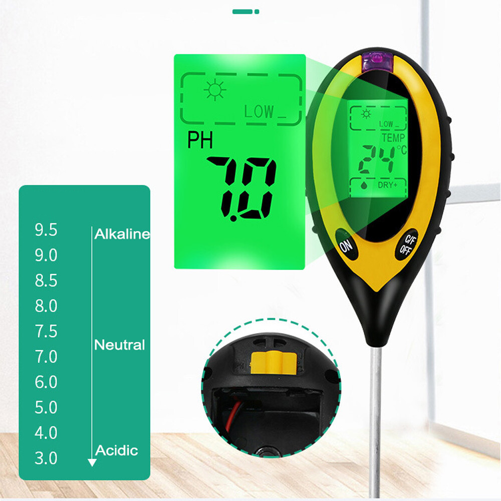 4in1 Digital Soil Analyzer Multifunctional Soil Tester Sunlight Intensity PH Value Moistures Temperature Detector Meter Potted Crops Planting Cultivating Tool with Dial for Field Garden Greenhouse