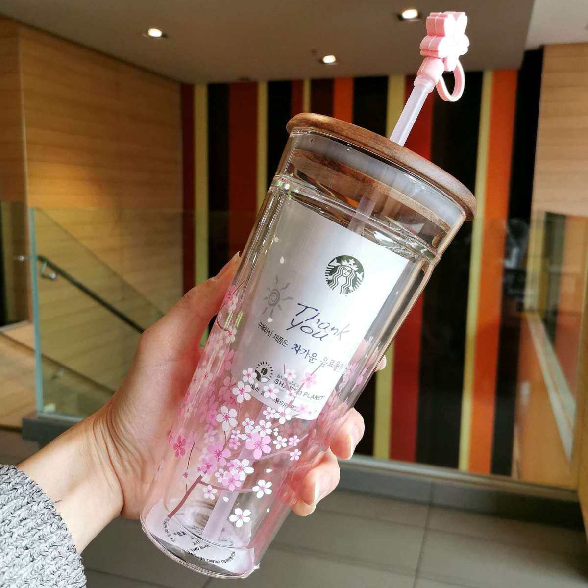 Starbuck Mug Starbuck Cup Korean Summer Firefly Cherry Blossom Bear Double Glass Straw Cup Wooden Lid Line Starbuck Starbuck Coffee Mug