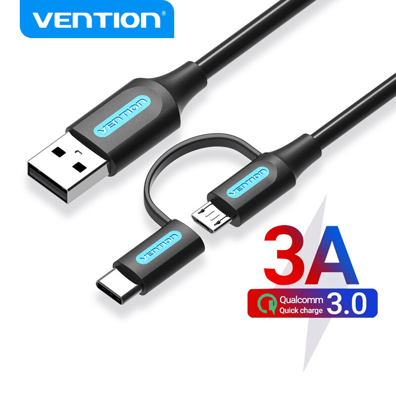 Vention USB Cable USB 2.0 A to Micro B Type C Cable Male to Male 2 in 1 3A Fast Charging Cord Wire 0.5m 1m 1.5m for Xiaomi 10Pro Samsung Notebook S10 Huawei Mate30 Nova7 USB Cable Cord