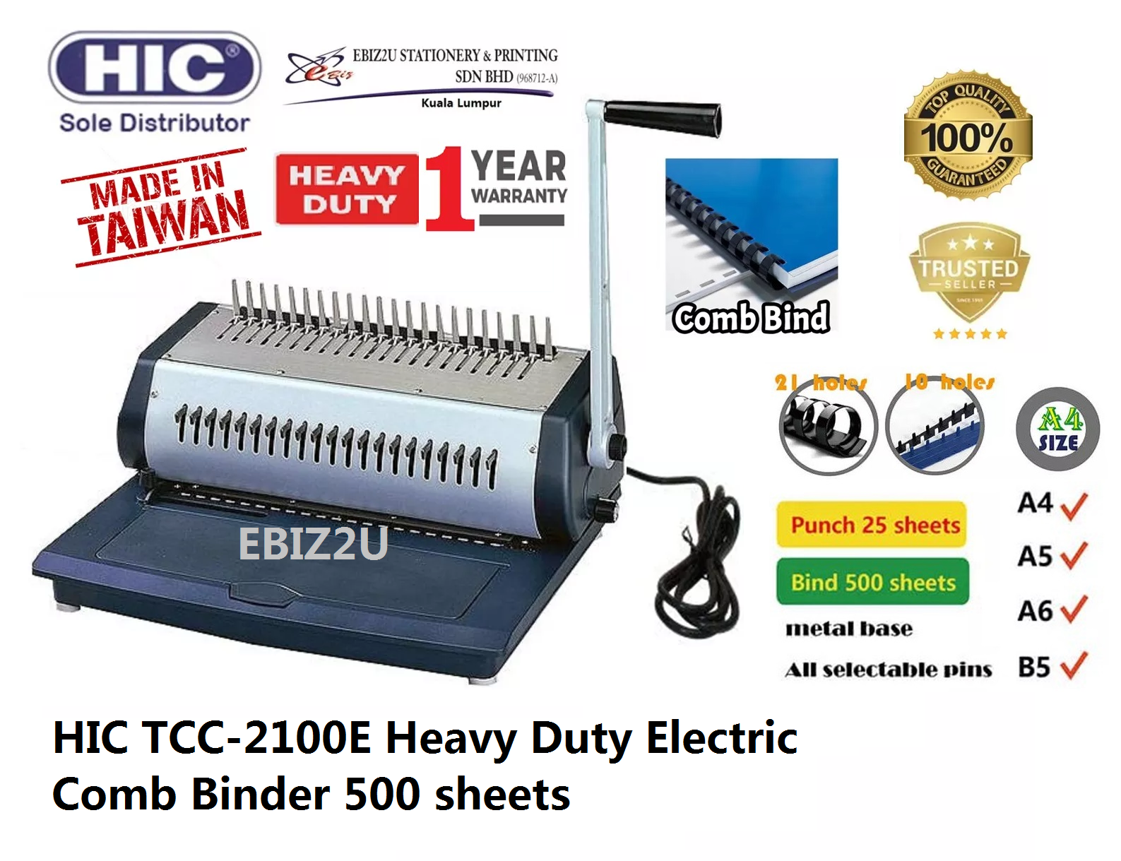 HIC TCC2100E Heavy Duty Electric Comb Binder 500 sheets (electric