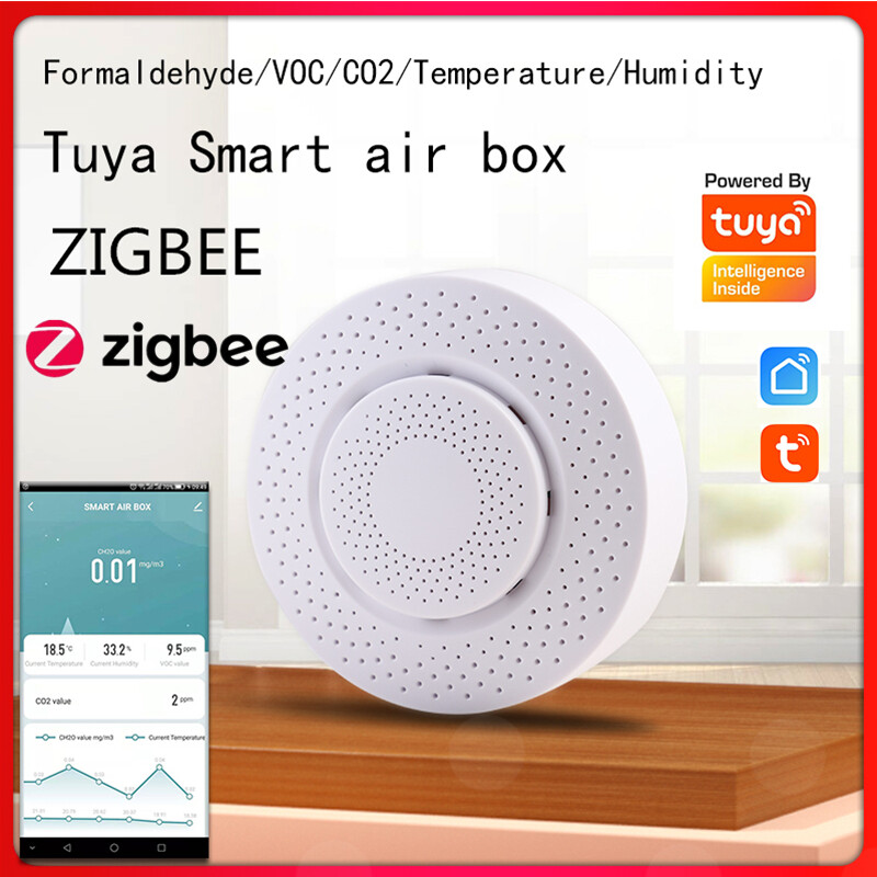 WIFI/Zigbee 5 In 1 Tuya Smart Air Box Formaldehyde/VOC/CO2/temperature/humidity Sensor Air Quality Monitor Temperature Humidity Detector Sensor