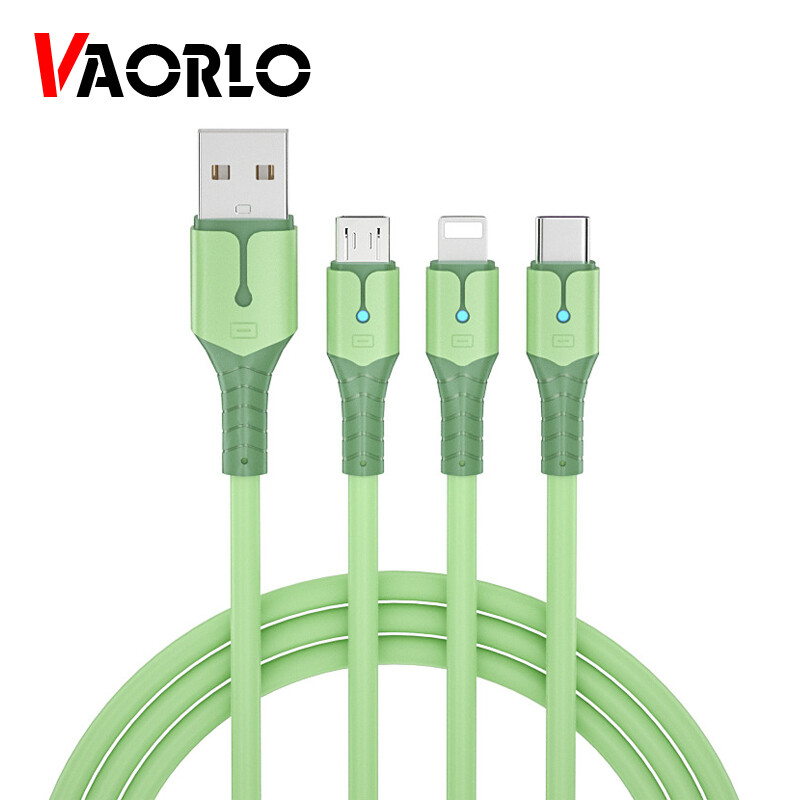 VAORLO Cáp Dữ Liệu USB Sạc Nhanh 5A 3 Trong 1 Dây Đèn LED Silicon Lỏng Có Thể Tháo Rời Bộ Sạc USB Sang Micro USB/Type-C/8 Pin Cho iPhone 13 12 Pro Huawei