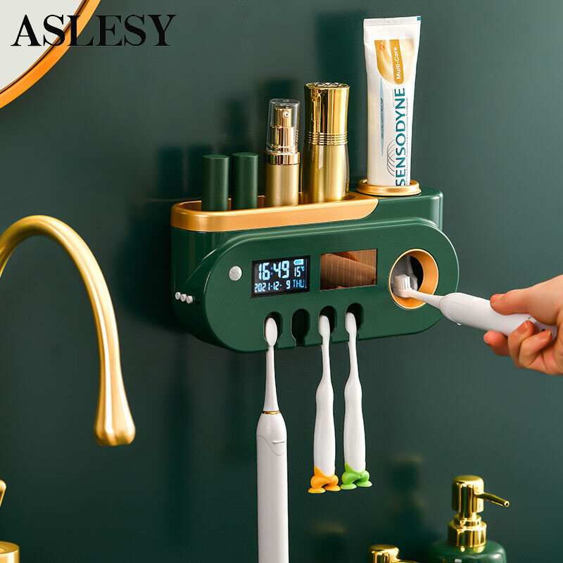 Light Luxury Toothbrush Holder Uv Disinfection Toothbrush Rack Automatic Toothpaste Dispenser Wall Hanging Box Bathroom Storage