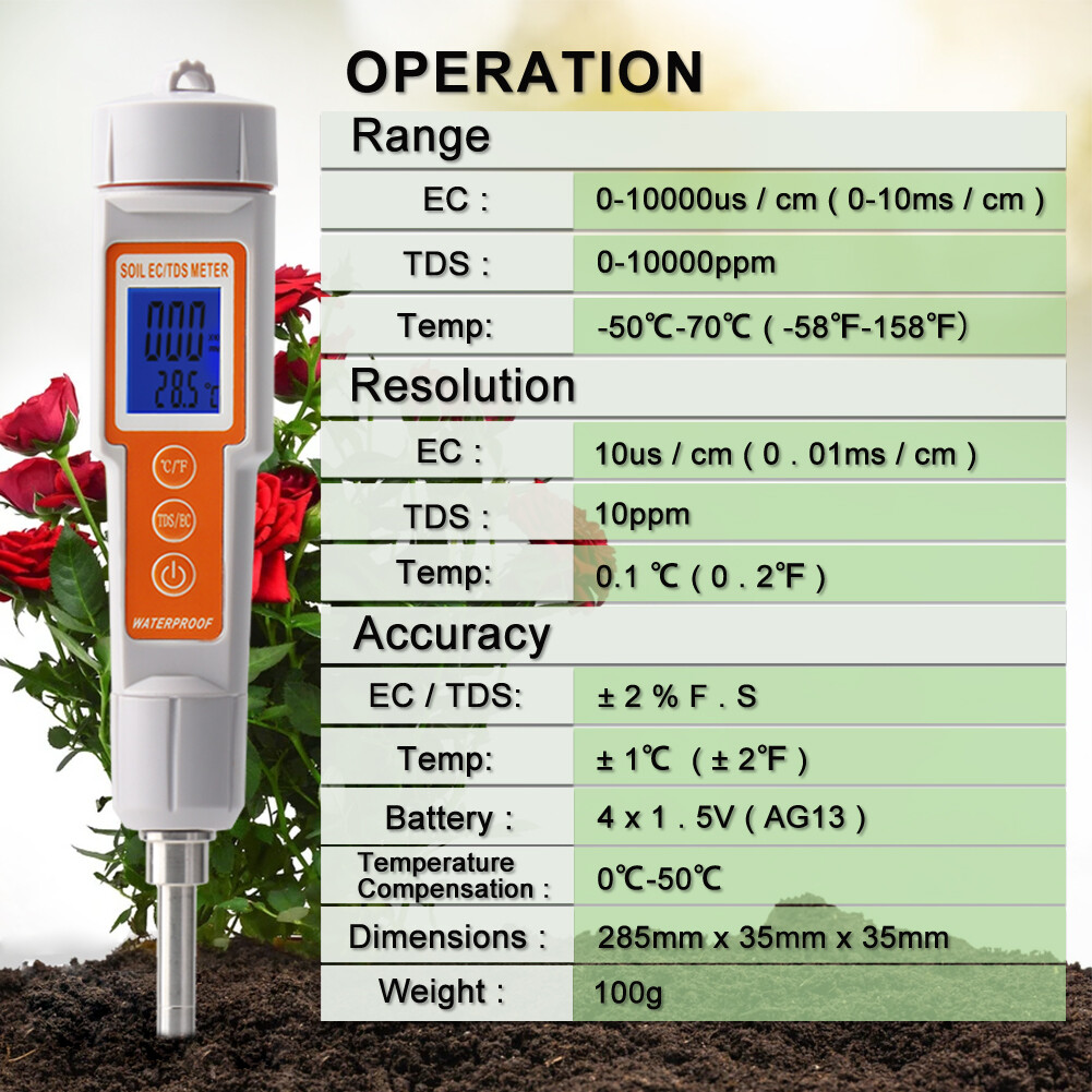 RCYAGO Dụng Cụ Kiểm Tra Đất 3 Trong 1 Kỹ Thuật Số Máy Đo Đất TDS/EC/Temp Máy Đo EC Máy Đo TDS Đất Bộ Điều Nhiệt Phân Ủ Nhiệt Độ Cho Đất Bộ Dụng Cụ Làm Vườn Cây