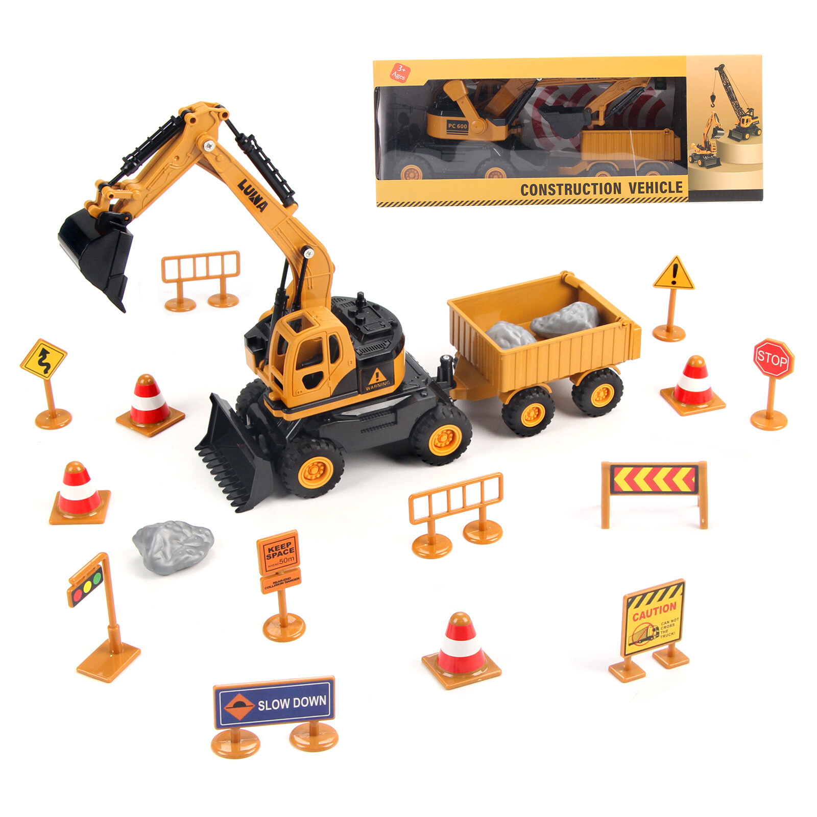 Construction Excavator Truck Toy Set with Road Sign Accessories