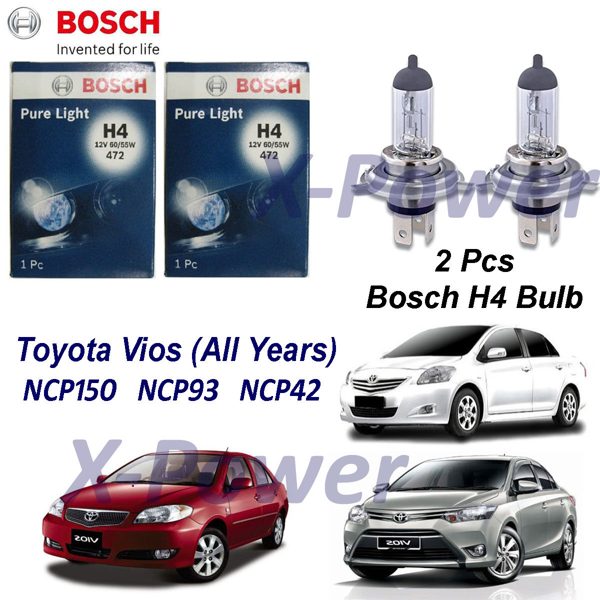 Bosch Halogen Headlamp Yellowish Bulb H4 12v Toyota Vios NCP150 NCP93