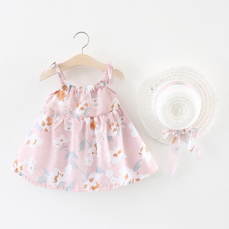 I Love Daddy&Mummy 2PCS Children Girls Summer Floral Dress+Straw Hat Set Baby Girl Bow Knot Sweet Princess Skirt Dresses