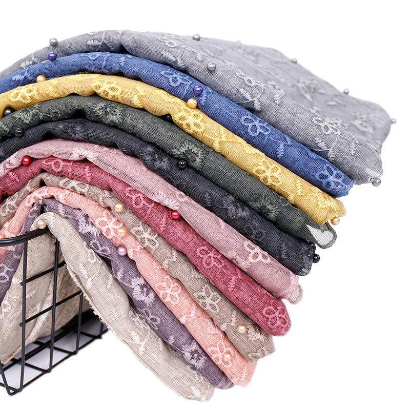 200*70 Cm Fashion Wanita Plain Muslim Jilbab Katun Renda Mutiara Selendang Bordir Syal Musim Panas Tipis Tipis Hood Sorban Laciness pashmina Syal WJ379