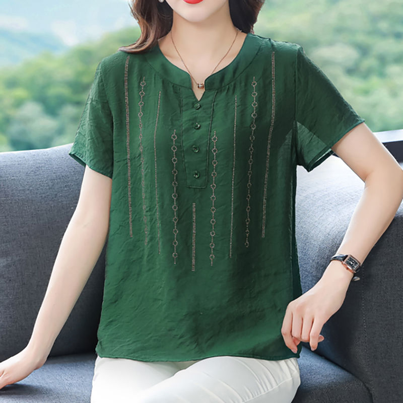 ผ้าไหมน้ำแข็งบางแขนสั้นเสื้อยืดผู้หญิงฤดูร้อนใหม่ร้อนเจาะคอวีเสื้อขนาด ...