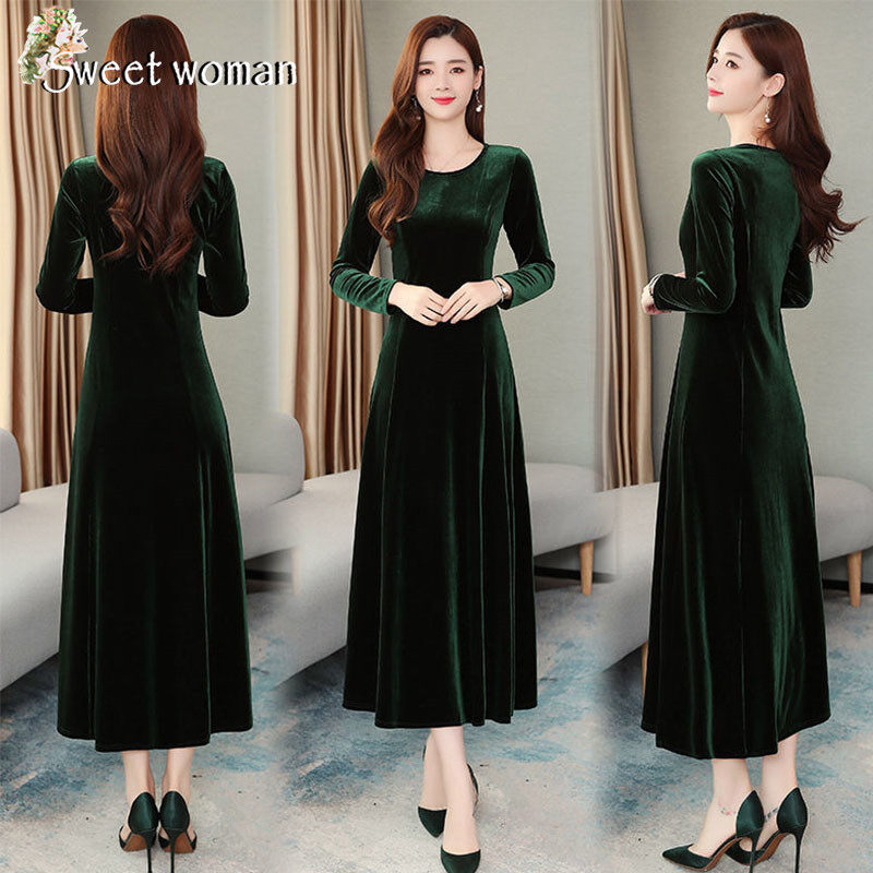 【SW】Autumn and winter new gold velvet plus size dress temperament dress long skirt