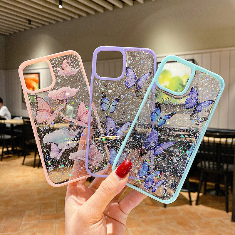 AKABEILA Cute 3D Relif Glitter Butterfly Phone Case for Iphone 12 11 Pro Max X XR XS MAX Case Silicone for Iphone 6 6s 7 8 Plus 12 Pro Max Cover Shockproof