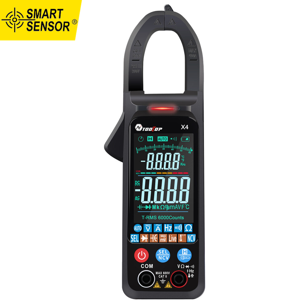 Smart Sensor Handheld Portable Clamp Meter Color LCD Large Screen Clamp Meter 6000 Counts NCV AC Voltage Current Continuity Resistance Diode Frequency Capacitance Temperature Live Detection Multi-function Clamp Meter with Flashlight