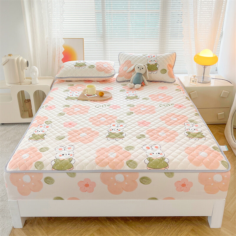 Fitted Cadar Antibacterial Fabric Mattress Protector Cover Elastic Queen Size King Single Fitted Bedsheet Flower Printed Bed Sheet