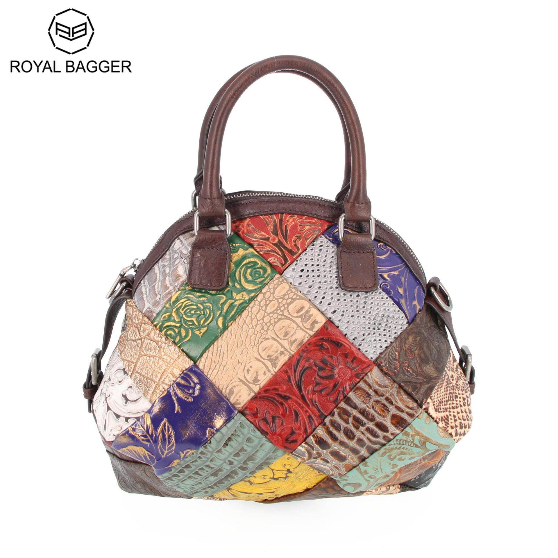Royal Bagger Handbag For Women Girls Genuine Cow Leather Fashion Color Stitching Shoulder Sling Bag Top Handle Bags Retro