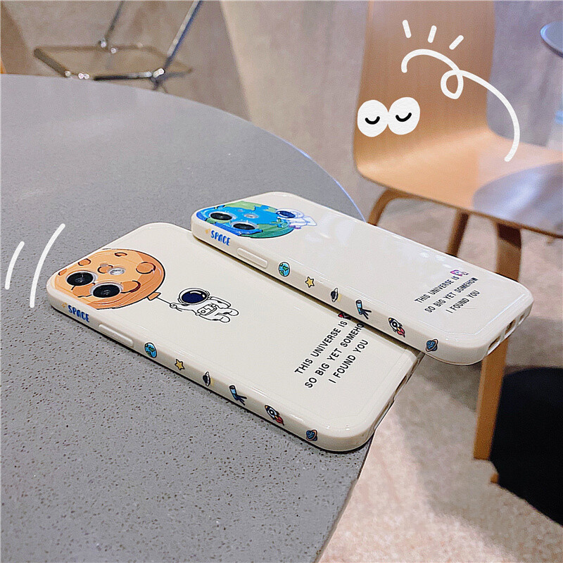 For Apple Case Liquid Side LOGO Cute Astronaut Space Soft Rubber Mobile Phone Casing for IPhone 12 PRO 11 PRO MAX X XR XS MAX 12 Mini 7 8 PLUS All-inclusive Straight Edge Shockproof TPU Cover