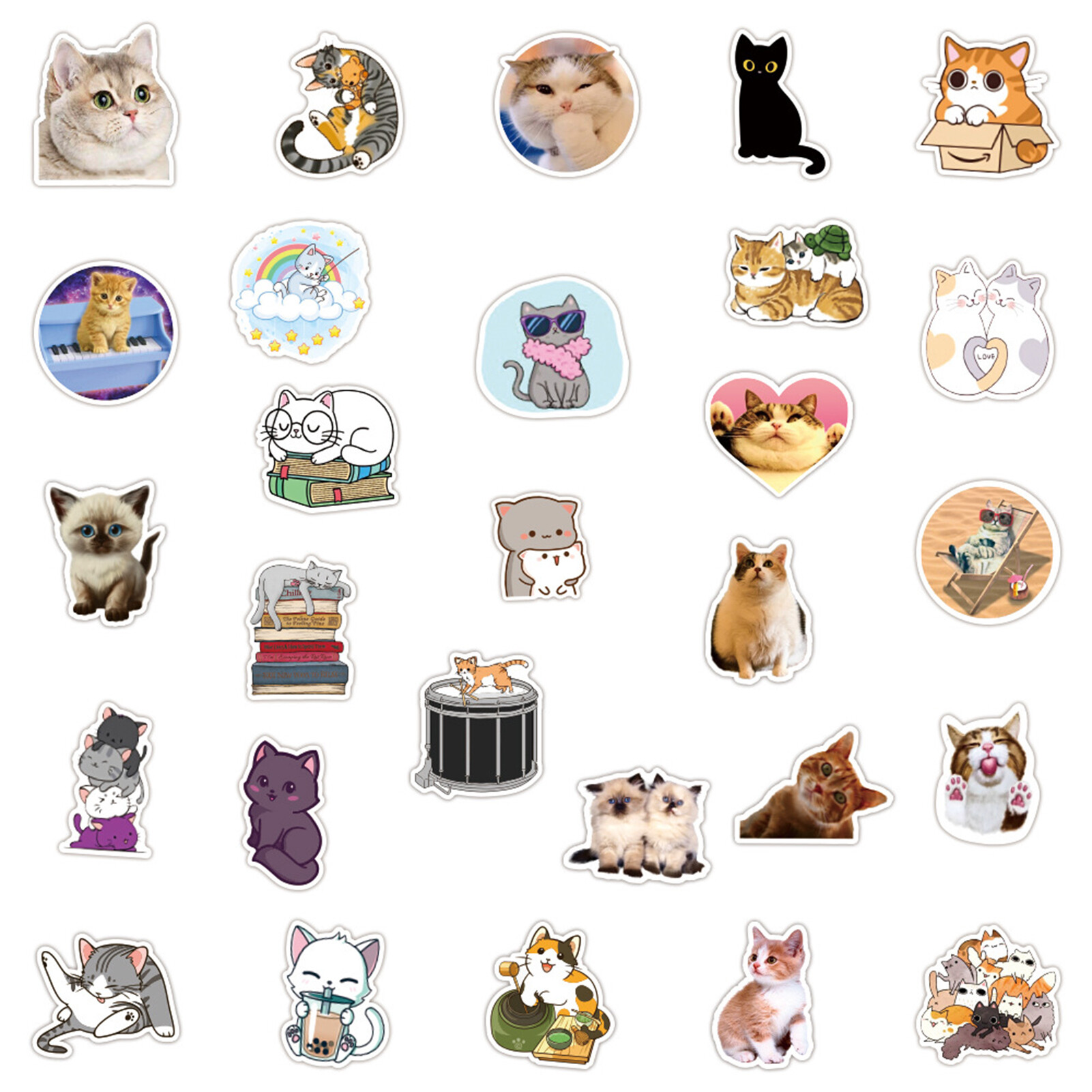 Norkee 100Pcs/Bag Cat Sticker Cute Various Patterns Self-adhesive Removable Waterproof Decorative PVC Laptop Skateboard Doodle Sticker for Kids Doodle Sticker Removable