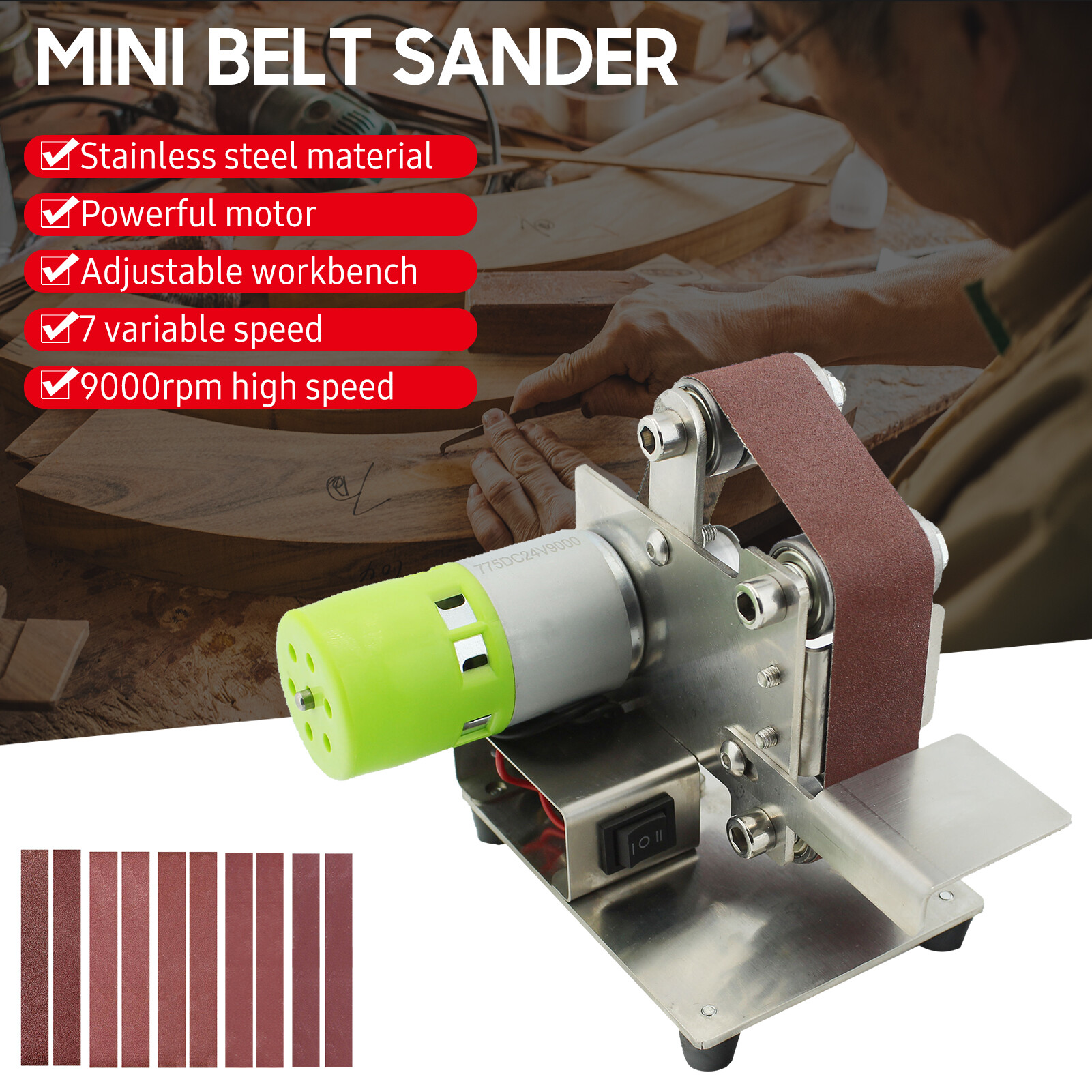 Meterk Mini Belt Sander Electric Sanding Polishing Grinding Machine 7 Variable Speed with 10 Sanding Belts for Polishing Wood Acrylic Metal (Belt Size: 30*330mm)