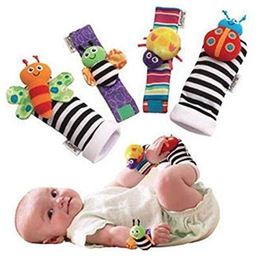 4 Pcs Set Cute Animal Soft Newborn Infant Baby Socks Toys Wrist Rattles and Foot Finders for Fun Butterflies and Lady bugs