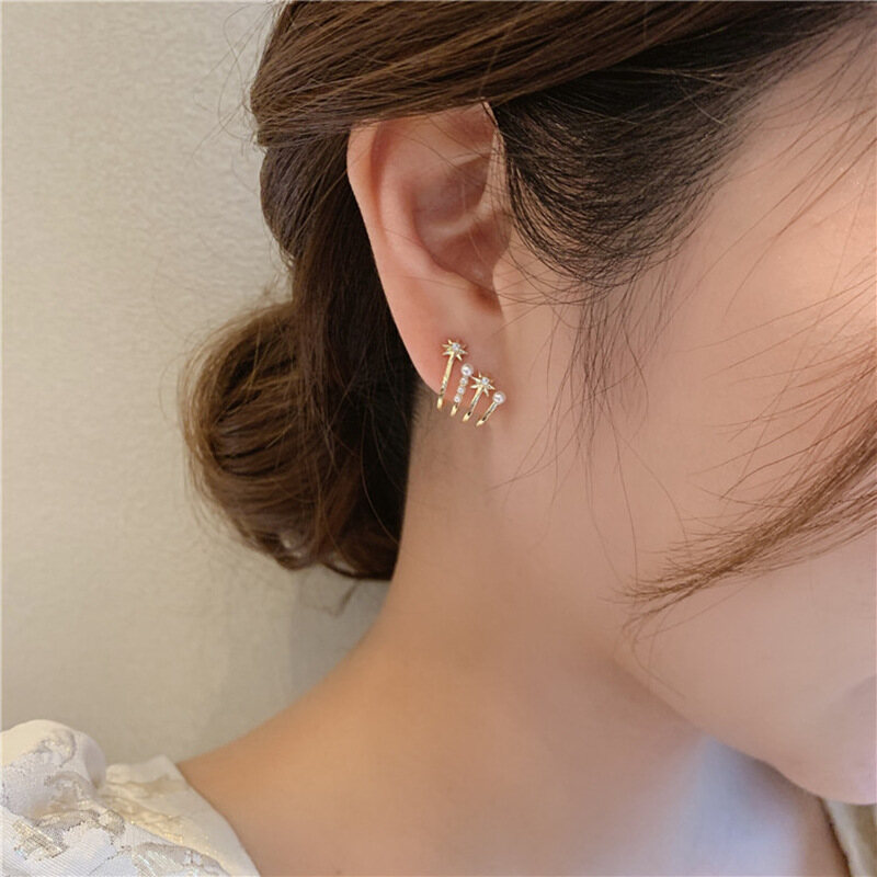 Frascati Retro Imitation Pearl Shiny CZ Stone C Shape Stud Earrings For Women Gold Multilayered Star Pearl Earrings Vintage Jewelry
