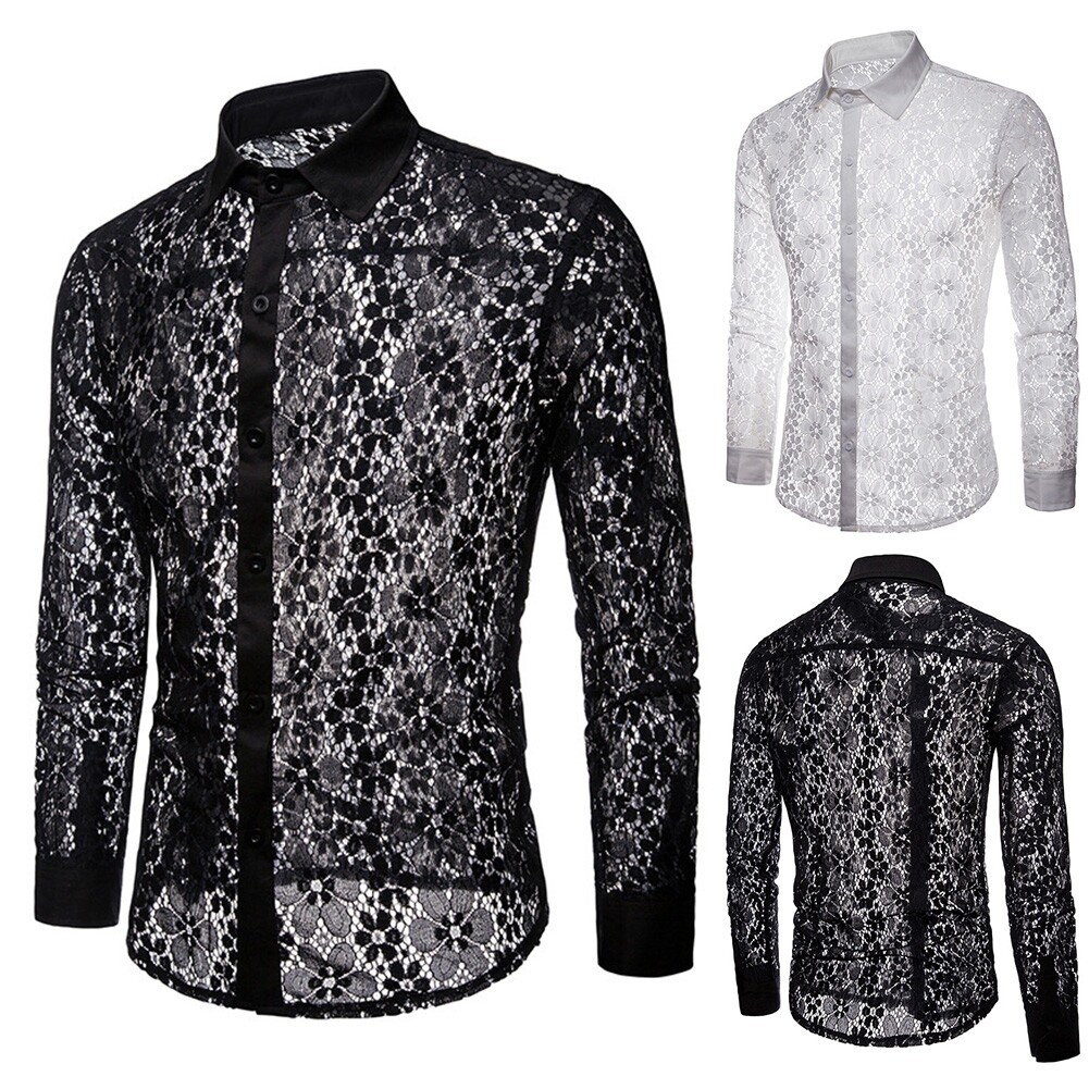 Shemi Men Sexy Long Sleeve Solid Color Lace See Through Clubwear Buttons Down Shirt
