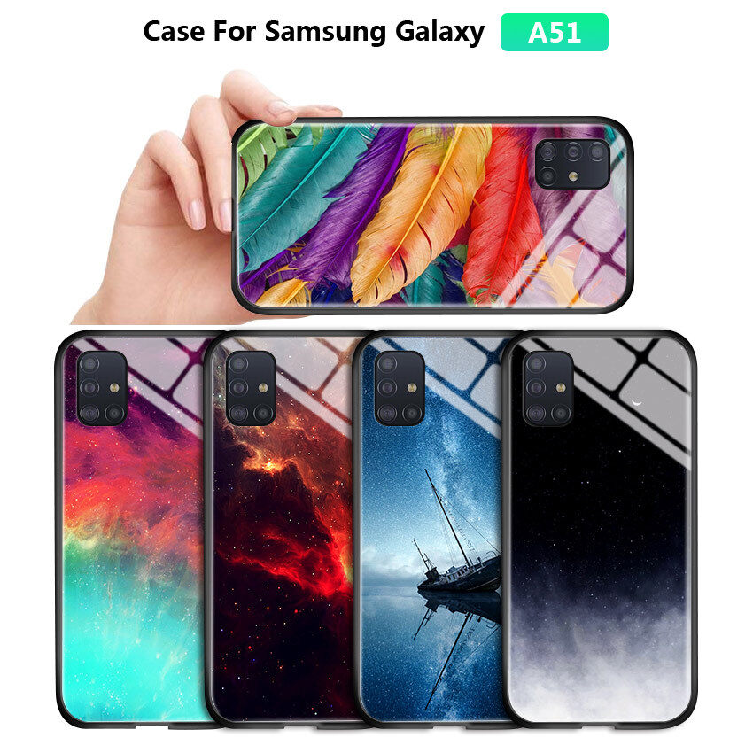 Hontinga For Samsung Galaxy A51 Case Aurora Galaxy Space Sky Starry Gradient Casing Case Shockproof Tempered Glass Phone Case Back Cover
