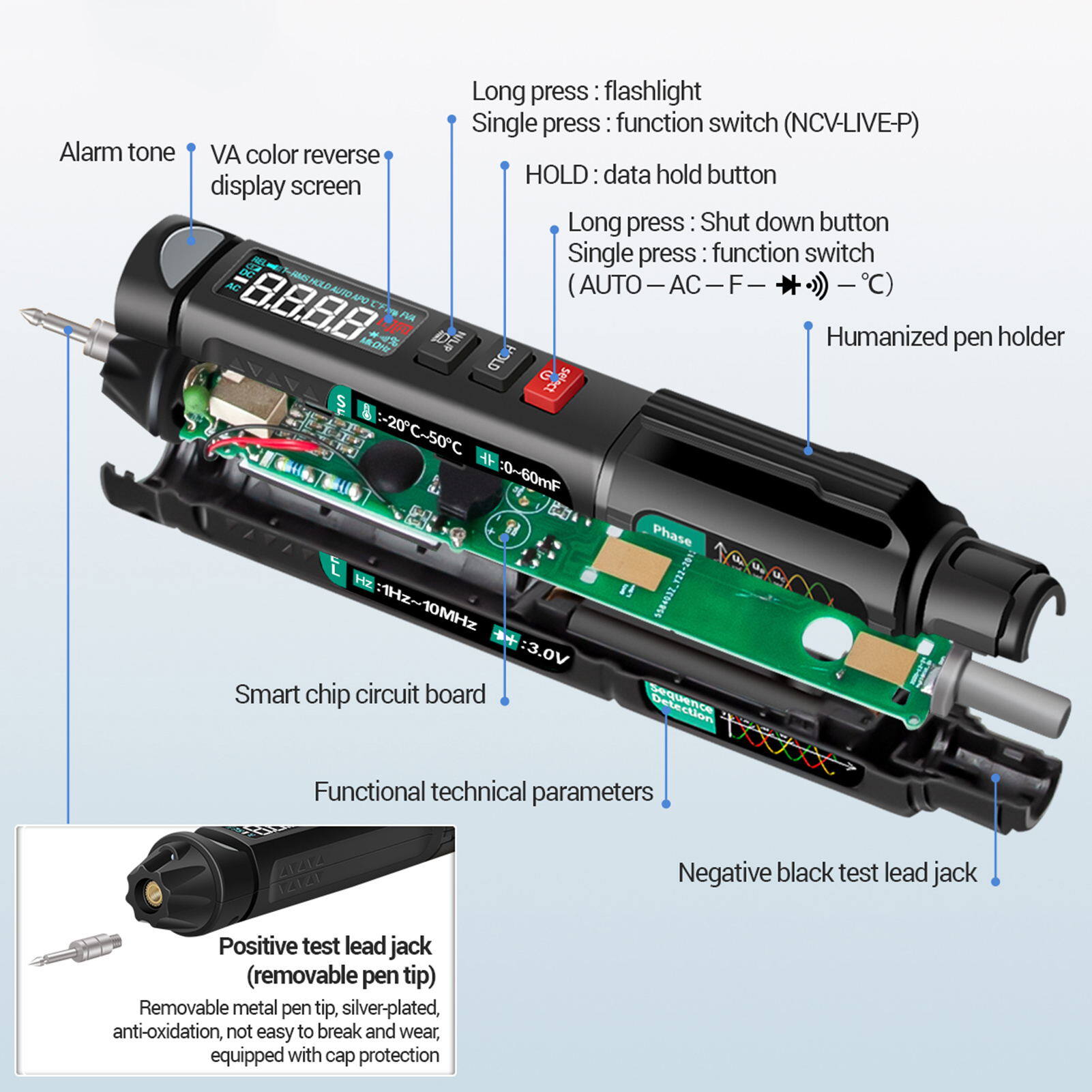 Meterk A3008 Pen Multimeter 6000 Counts Digital Multimeter Meter Tester with LCD Display Backlight Flashlight NCV Auto-off for Voltage Current Resistance Capacitance Diode Continuity Test ,With/Without phase sequence detection(Optional)