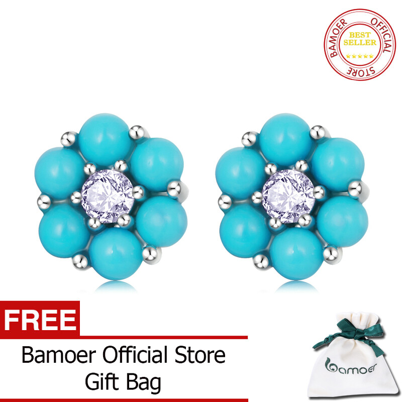 Bamoer New Arrival 925 Sterling Silver Turquoise Flower Stud Earrings for Women Blue Stone Korean Style Earrings Fine Jewelry BSE601