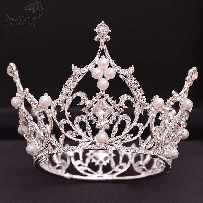 Amart Luxury Large Full Circle Rhinestones Queen Princess Tiara and Crown Bride Headpiece Wedding Hair Jewelry Accessories