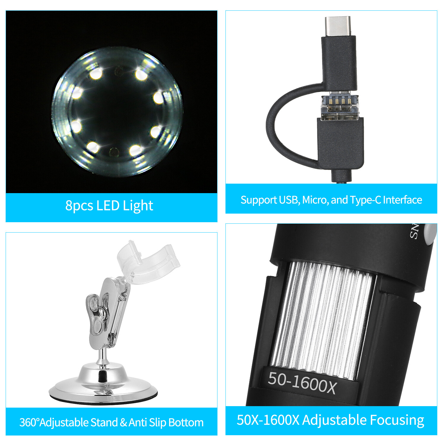 Cảm biến thông minh 1600x USB thu phóng kỹ thuật số kính hiển vi phóng to với chức năng OTG 8-Đèn LED kính lúp độ phóng đại với đứng