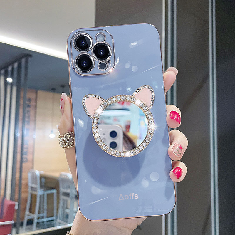 Luxury bling glitter diamond cat vanity mirror holder phone case soft tpu back cover for apple iphone 15 pro max 15 plus iphone 14 pro max 14 plus iphone 13 pro max 13 mini 12 mini 12 pro max 11 pro max 6 plus 6s plus 7 plus 8 plus xs max xr se