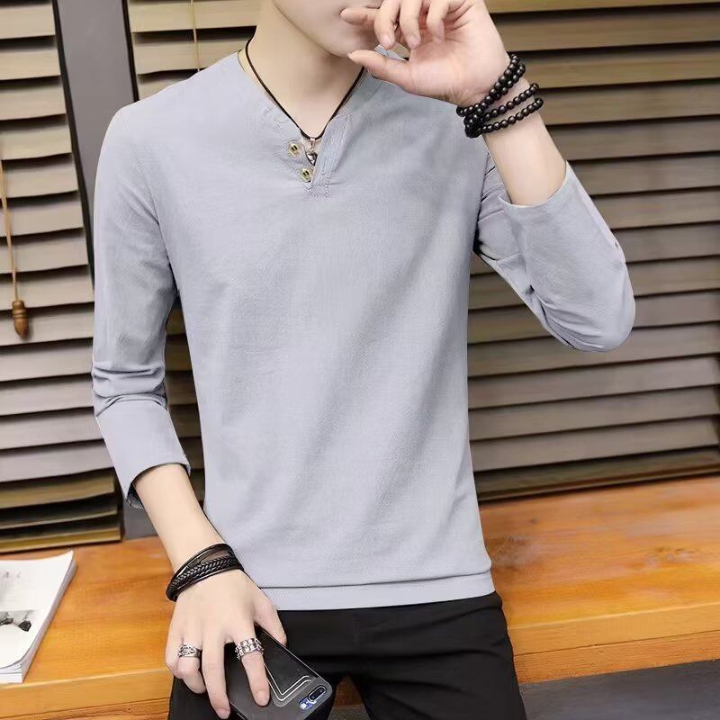 Áo thun nam cổ chữ V có nút dài nhồi lông tay