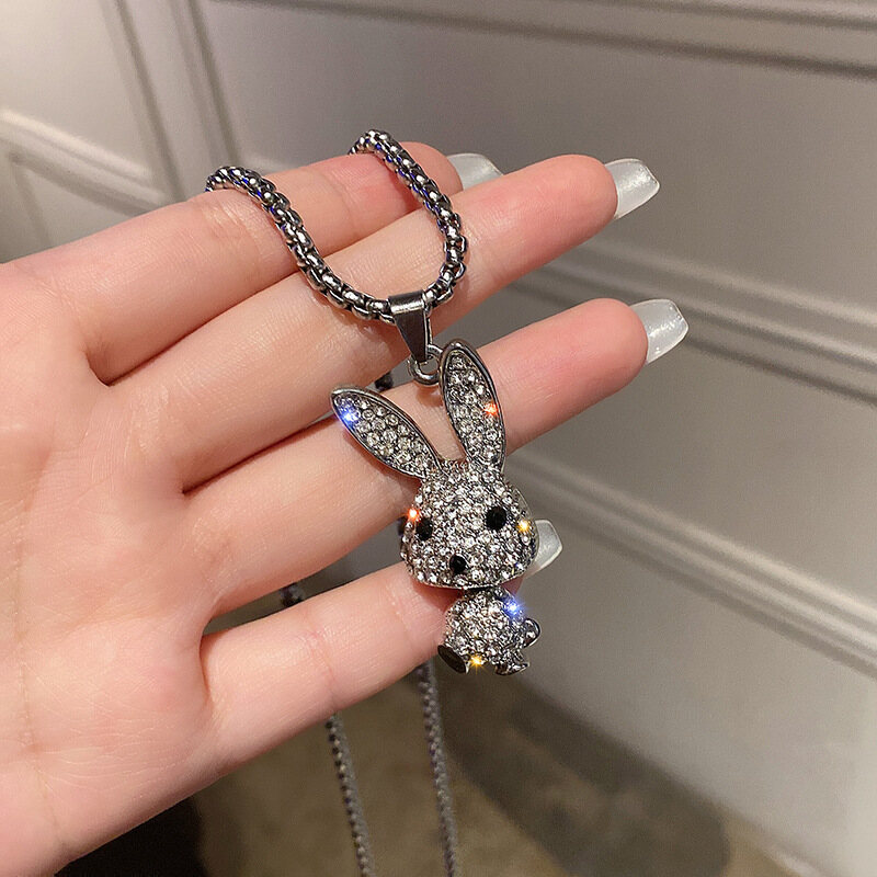 WHC Jewelry New Sparkling Full Rhinestones Rabbit Pendant Necklace for Women Exquisite Titanium Steel Hip Hop Sweater Chain Trend Gift